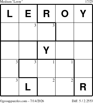 The grouppuzzles.com Medium Leroy puzzle for Tuesday July 14, 2026 with the first 3 steps marked
