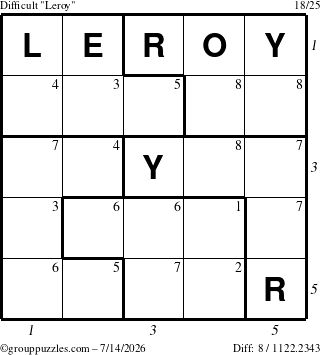 The grouppuzzles.com Difficult Leroy puzzle for Tuesday July 14, 2026, suitable for printing, with all 8 steps marked