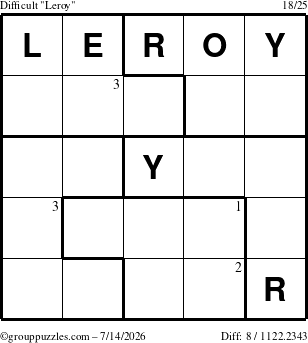 The grouppuzzles.com Difficult Leroy puzzle for Tuesday July 14, 2026 with the first 3 steps marked