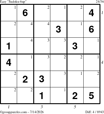The grouppuzzles.com Easy Sudoku-6up puzzle for Tuesday July 14, 2026 with all 4 steps marked