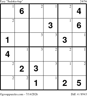 The grouppuzzles.com Easy Sudoku-6up puzzle for Tuesday July 14, 2026 with the first 3 steps marked