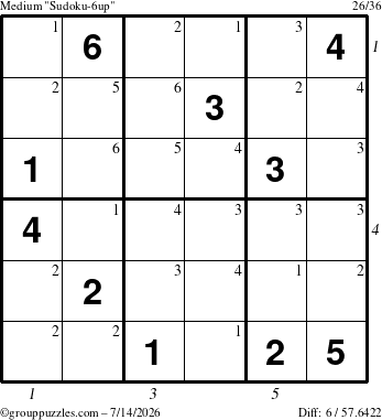 The grouppuzzles.com Medium Sudoku-6up puzzle for Tuesday July 14, 2026, suitable for printing, with all 6 steps marked