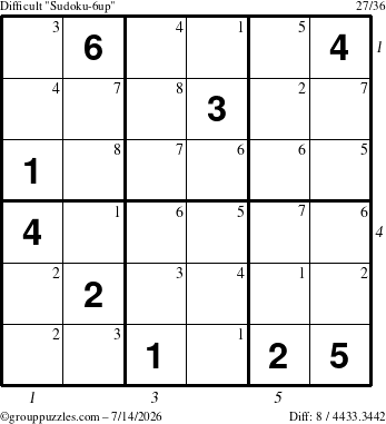 The grouppuzzles.com Difficult Sudoku-6up puzzle for Tuesday July 14, 2026, suitable for printing, with all 8 steps marked