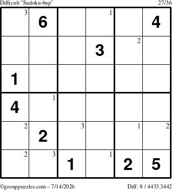 The grouppuzzles.com Difficult Sudoku-6up puzzle for Tuesday July 14, 2026 with the first 3 steps marked
