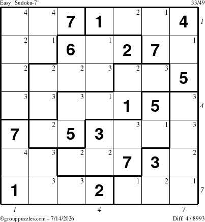 The grouppuzzles.com Easy Sudoku-7 puzzle for Tuesday July 14, 2026 with all 4 steps marked