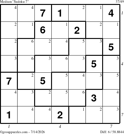 The grouppuzzles.com Medium Sudoku-7 puzzle for Tuesday July 14, 2026, suitable for printing, with all 6 steps marked