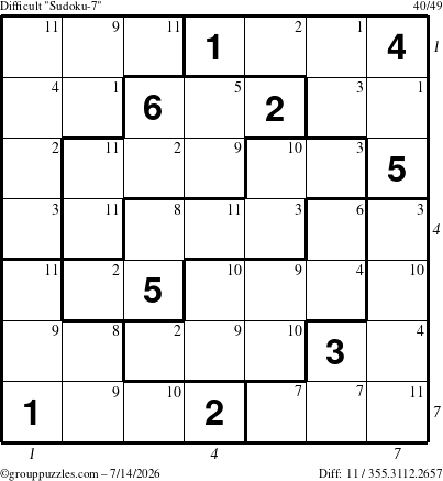 The grouppuzzles.com Difficult Sudoku-7 puzzle for Tuesday July 14, 2026, suitable for printing, with all 11 steps marked