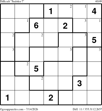 The grouppuzzles.com Difficult Sudoku-7 puzzle for Tuesday July 14, 2026 with the first 3 steps marked