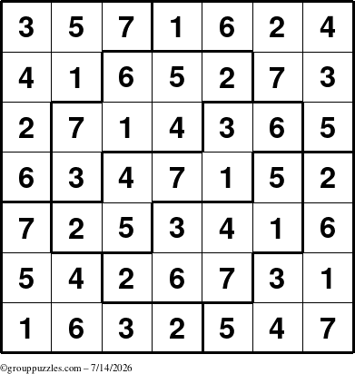 The grouppuzzles.com Answer grid for the Sudoku-7 puzzle for Tuesday July 14, 2026