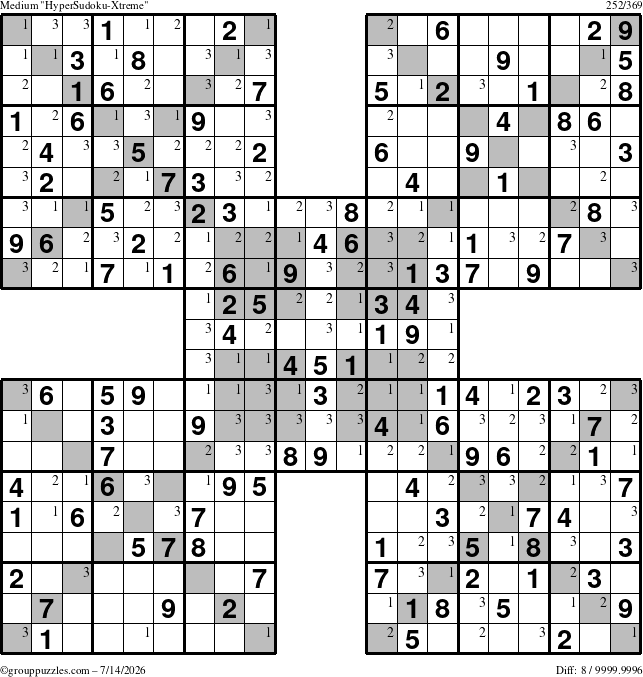 The grouppuzzles.com Medium HyperSudoku-Xtreme puzzle for Tuesday July 14, 2026 with the first 3 steps marked