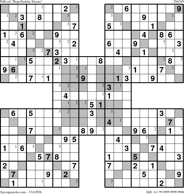 The grouppuzzles.com Difficult HyperSudoku-Xtreme puzzle for Tuesday July 14, 2026 with the first 3 steps marked