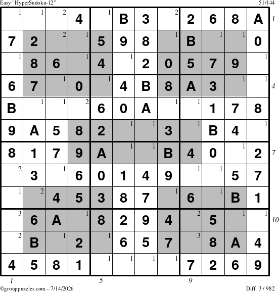 The grouppuzzles.com Easy HyperSudoku-12 puzzle for Tuesday July 14, 2026 with all 3 steps marked
