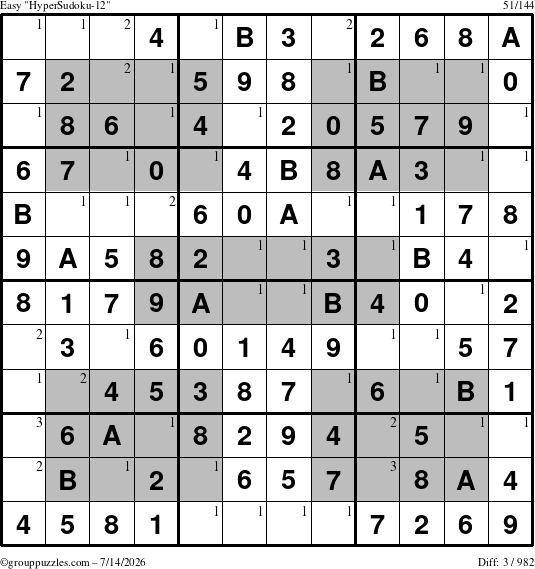 The grouppuzzles.com Easy HyperSudoku-12 puzzle for Tuesday July 14, 2026 with the first 3 steps marked