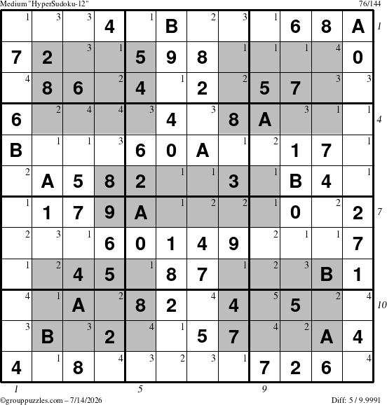 The grouppuzzles.com Medium HyperSudoku-12 puzzle for Tuesday July 14, 2026 with all 5 steps marked