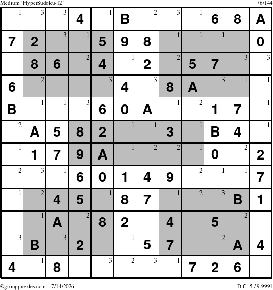 The grouppuzzles.com Medium HyperSudoku-12 puzzle for Tuesday July 14, 2026 with the first 3 steps marked