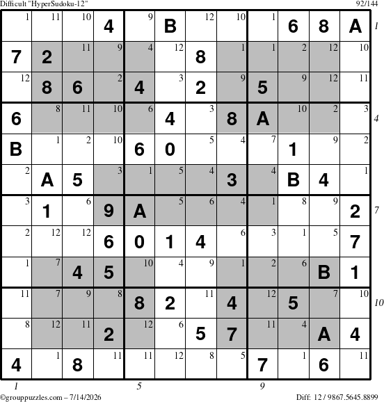 The grouppuzzles.com Difficult HyperSudoku-12 puzzle for Tuesday July 14, 2026, suitable for printing, with all 12 steps marked