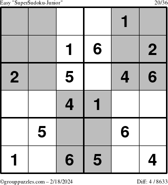 The grouppuzzles.com Easy SuperSudoku-Junior puzzle for Sunday February 18, 2024