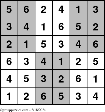 The grouppuzzles.com Answer grid for the SuperSudoku-Junior puzzle for Sunday February 18, 2024