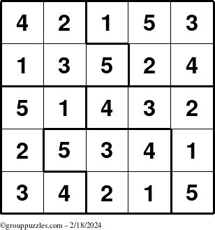 The grouppuzzles.com Answer grid for the Sudoku-5 puzzle for Sunday February 18, 2024