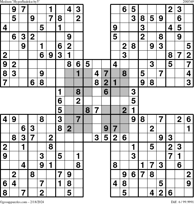 The grouppuzzles.com Medium HyperSudoku-by5 puzzle for Sunday February 18, 2024