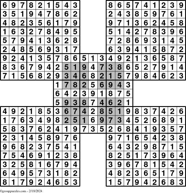 The grouppuzzles.com Answer grid for the HyperSudoku-by5 puzzle for Sunday February 18, 2024