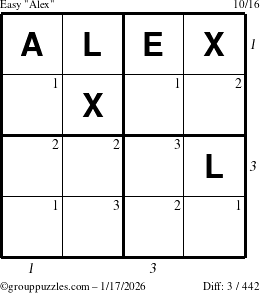 The grouppuzzles.com Easy Alex puzzle for Saturday January 17, 2026 with all 3 steps marked