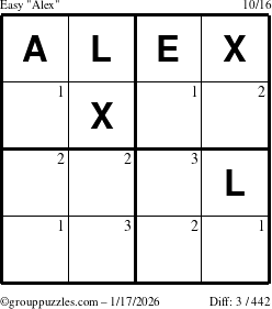 The grouppuzzles.com Easy Alex puzzle for Saturday January 17, 2026 with the first 3 steps marked