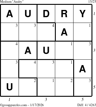 The grouppuzzles.com Medium Audry puzzle for Saturday January 17, 2026 with all 4 steps marked