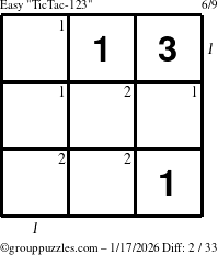 The grouppuzzles.com Easy TicTac-123 puzzle for Saturday January 17, 2026, suitable for printing, with all 2 steps marked