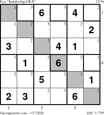The grouppuzzles.com Easy Sudoku-6up-UR-D puzzle for Saturday January 17, 2026 with all 3 steps marked