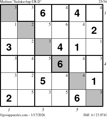 The grouppuzzles.com Medium Sudoku-6up-UR-D puzzle for Saturday January 17, 2026, suitable for printing, with all 6 steps marked