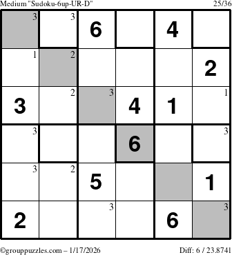 The grouppuzzles.com Medium Sudoku-6up-UR-D puzzle for Saturday January 17, 2026 with the first 3 steps marked
