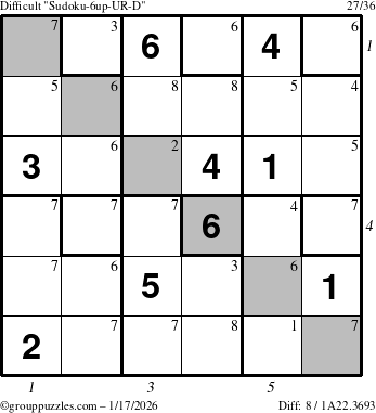 The grouppuzzles.com Difficult Sudoku-6up-UR-D puzzle for Saturday January 17, 2026 with all 8 steps marked