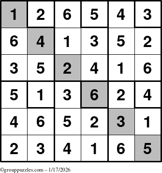 The grouppuzzles.com Answer grid for the Sudoku-6up-UR-D puzzle for Saturday January 17, 2026