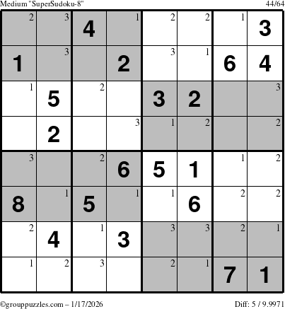 The grouppuzzles.com Medium SuperSudoku-8 puzzle for Saturday January 17, 2026 with the first 3 steps marked