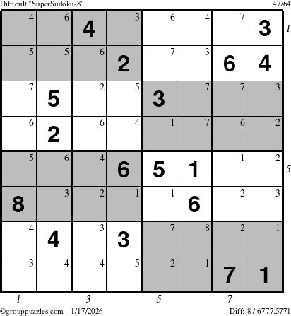 The grouppuzzles.com Difficult SuperSudoku-8 puzzle for Saturday January 17, 2026 with all 8 steps marked