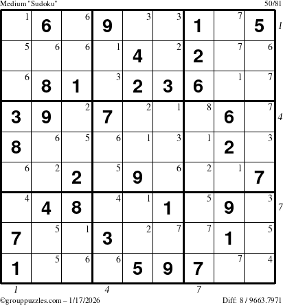The grouppuzzles.com Medium Sudoku puzzle for Saturday January 17, 2026 with all 8 steps marked