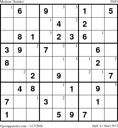 The grouppuzzles.com Medium Sudoku puzzle for Saturday January 17, 2026 with the first 3 steps marked