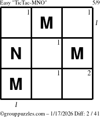The grouppuzzles.com Easy TicTac-MNO puzzle for Saturday January 17, 2026 with all 2 steps marked