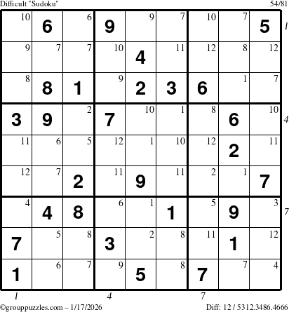 The grouppuzzles.com Difficult Sudoku puzzle for Saturday January 17, 2026, suitable for printing, with all 12 steps marked
