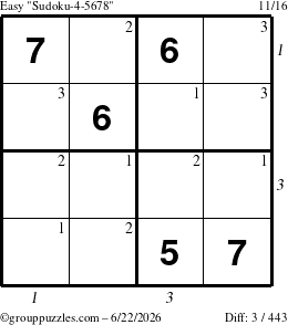 The grouppuzzles.com Easy Sudoku-4-5678 puzzle for Monday June 22, 2026, suitable for printing, with all 3 steps marked