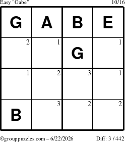 The grouppuzzles.com Easy Gabe puzzle for Monday June 22, 2026 with the first 3 steps marked