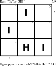 The grouppuzzles.com Easy TicTac-GHI puzzle for Monday June 22, 2026, suitable for printing, with all 2 steps marked