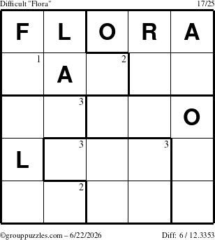The grouppuzzles.com Difficult Flora puzzle for Monday June 22, 2026 with the first 3 steps marked