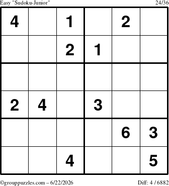 The grouppuzzles.com Easy Sudoku-Junior puzzle for Monday June 22, 2026