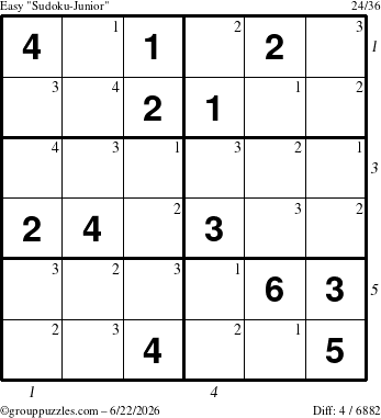 The grouppuzzles.com Easy Sudoku-Junior puzzle for Monday June 22, 2026 with all 4 steps marked