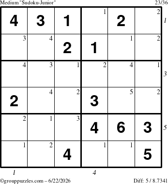 The grouppuzzles.com Medium Sudoku-Junior puzzle for Monday June 22, 2026 with all 5 steps marked
