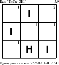 The grouppuzzles.com Easy TicTac-GHI puzzle for Monday June 22, 2026 with the first 2 steps marked