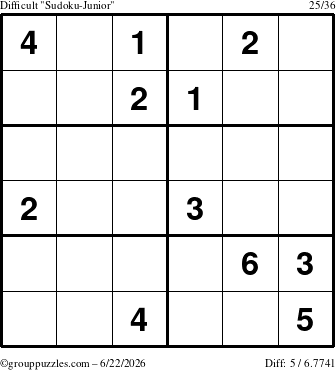 The grouppuzzles.com Difficult Sudoku-Junior puzzle for Monday June 22, 2026
