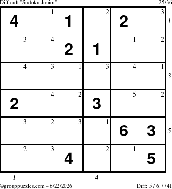 The grouppuzzles.com Difficult Sudoku-Junior puzzle for Monday June 22, 2026, suitable for printing, with all 5 steps marked